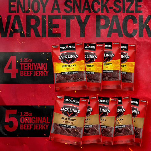 Pack (9 Pack) 1.25 oz 13g 100% Jack Link's Beef Jerky Variety - Original and Teriyaki - Bag - Ready to Eat Protein