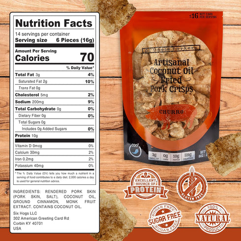 8 oz Pack 1) Ol' Uncle Porkers Keto-Friendly Pork Rinds Fried in Coconut Oil, Bags, (Cinnamon Churro Flavor