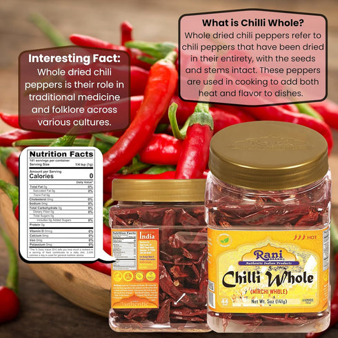 Rani Chilli Whole (Lal Mirch Sabut), 5oz (141g) PET Jar - All Natural, Vegan, Gluten Friendly