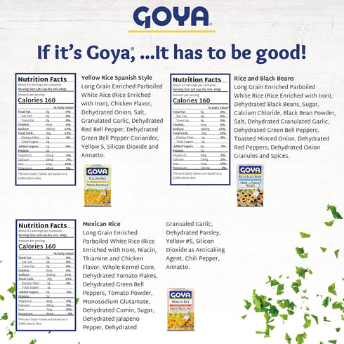 7 oz Goya Rice Mix Variety Sampler, Yellow Rice Spanish Style, Mexican Rice Mix Chicken Flavor, White Rice & Black