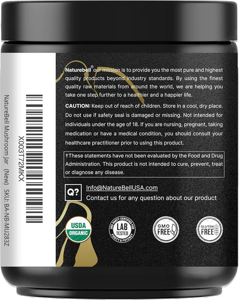 10oz 10-in-1 NatureBell Organic Mushroom Powder, | Adaptogenic Blend with Lions Mane, Reishi, Shiitake, Chaga & More |