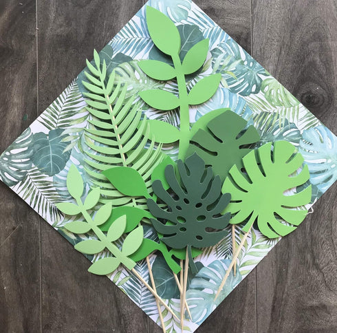 LaVenty Set of 7 Glittery Tropical Leaves Cake Topper for Tropical Wedding Cake Decoration