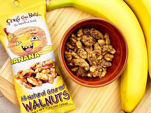 3 1.25 Oz, 6-Pack Crazy Go Nuts Walnuts Banana - Glazed Walnuts, Healthy Snacks, Vegan, Gluten Free, Superfood-Natural