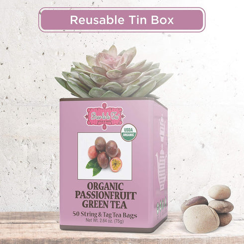 50 Brew La La Organic Green Tea - Passionfruit Flavor - Tea Bag Tin - Low Caffeine - USDA Certified Organic