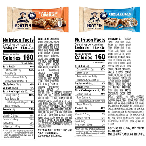 2 Pack, 10g 1.41 oz 20ct Quaker Protein Granola Bars, Flavor Variety Protein, Bars