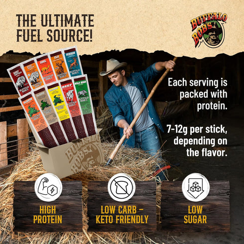 Buffalo Bob's (10-Pack), 10 Pack Exotic Jerky Flavor Variety of Snack Sticks, Wild Game Beef Gifts for Men