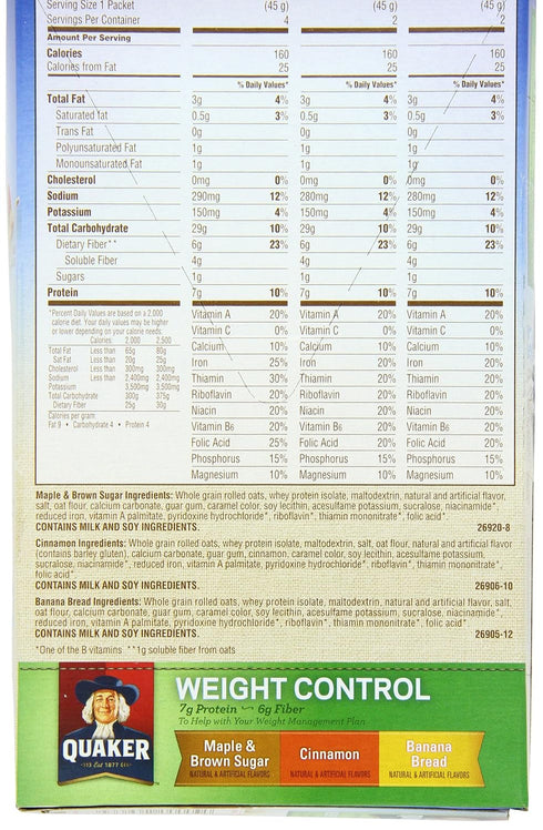 Pack, 8 Packets ,12.6 (Pack 4) Quaker Instant Oatmeal Weight Control, Variety Breakfast Cereal, Per Box Ounce