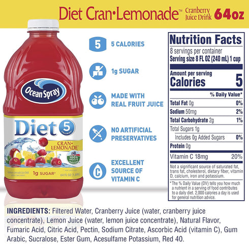 64 Oz Ocean Spray Diet Cran-Lemonade Cranberry Lemonade Juice Drink, Fl Bottle