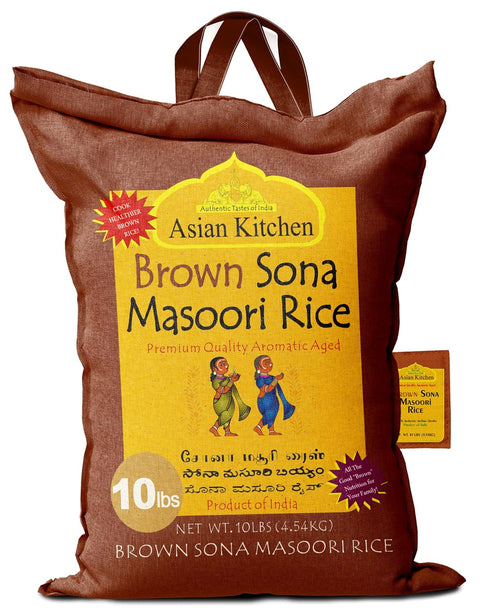 Asian Kitchen Brown Sona Masoori Aged Rice 10-Pound Bag, 10lbs (4.54kg) Short