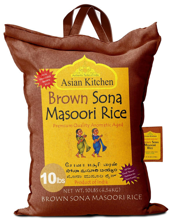 Asian Kitchen Brown Sona Masoori Aged Rice 10-Pound Bag, 10lbs (4.54kg) Short