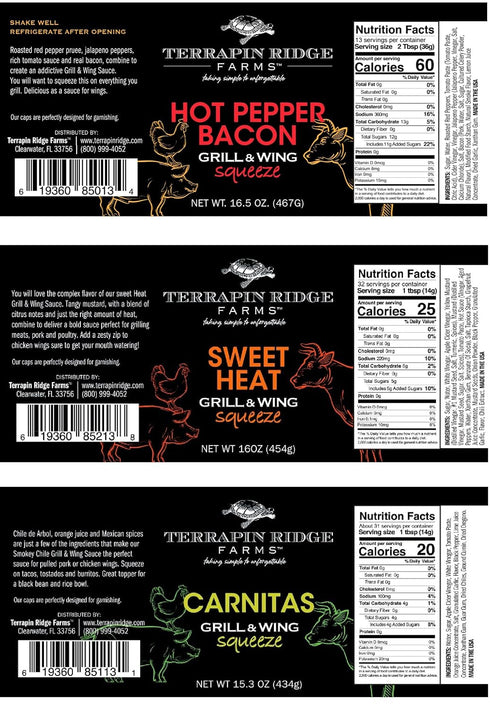 (Set 3) Terrapin Ridge Farms Grill Master Assortment Sweet Heat, Hot Pepper Bacon, and Carnitas Grill & Wing Sauces