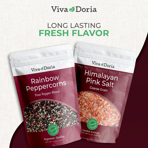 12 oz 2 lb 2-Set Pack Viva Doria Rainbow Peppercorns Blend & Himalayan Pink Salt, Coarse Grain, Steam Sterilized Mixed