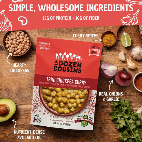 Dozen 6pk, A Cousins Vegan Chickpea Curry Seasoned Healthy Microwave Curry Chickpeas in Avocado Oil, Ready to Eat