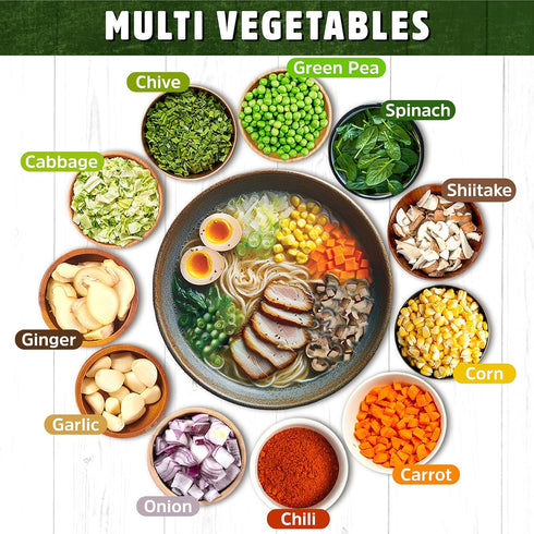 (5.83oz Dried ramen toppings. Dehydrated vegetables for ramen topper include Cabbage, Spinach, Chive, Carrot, Corn