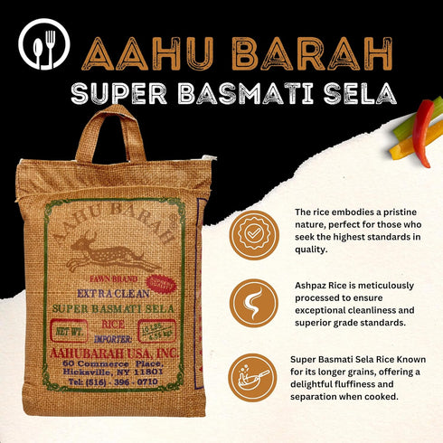 Aahu Barah 10lb Pack Basmati Sela Rice - Extra-Long Grain for Superior Culinary Delights