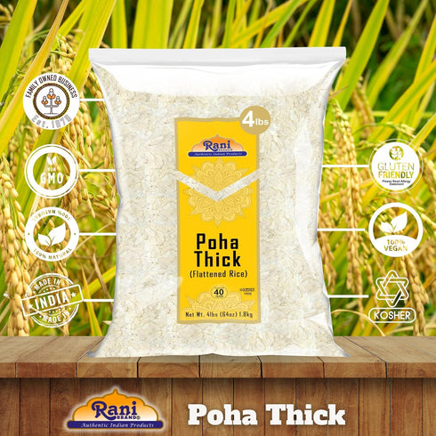64oz (4lbs) 1.81kg (Pack 2) Rani Poha (Powa) Thick Medium-Cut (Flattened Rice) ~ All Natural, Salt-Free | Vegan |