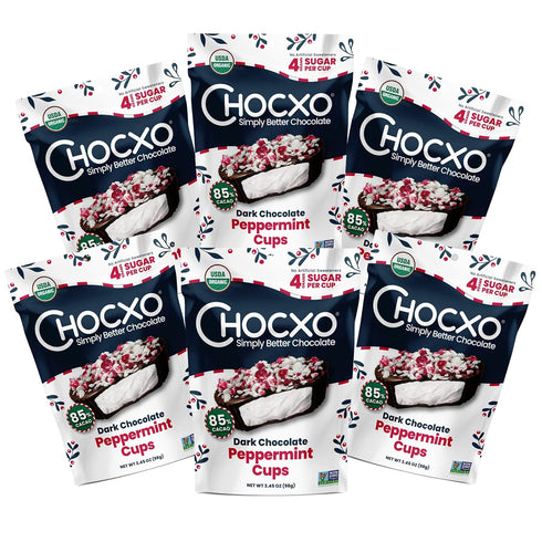 Chocxo Dark Chocolate Peppermint Cups - Lower Sugar Christmas Candy, 85% Organic