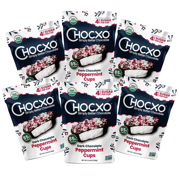 Chocxo Dark Chocolate Peppermint Cups - Lower Sugar Christmas Candy, 85% Organic