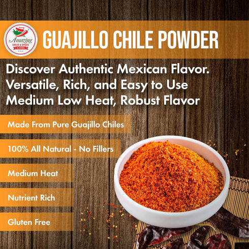 Guajillo Chile Powder Ground (8oz) – Natural Premium Spice for Chili, Sauces, Stews, Salsa, Meat Rubs, Mole