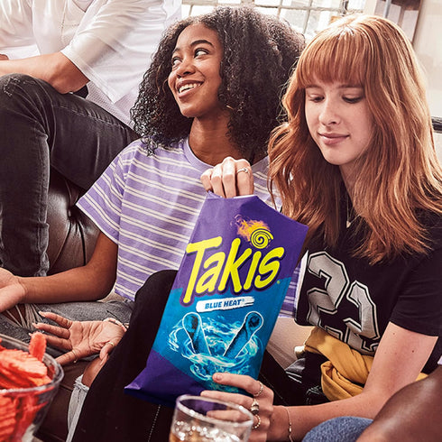 Multipack 14 9.9 Takis Blue Heat Rolled Tortilla Chips, Hot Chili Pepper Flavored, Box with Bags of Ounces