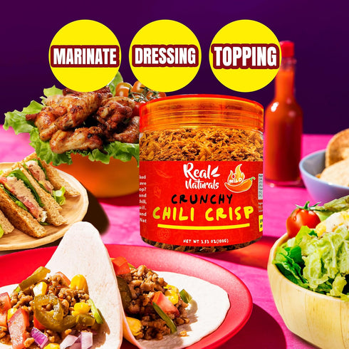 (3 Chili Crisp No-Floating Oil bottles medium hot) spicy chilli crisp crunch. Crispy garlic & onion "no-oil" chili oil