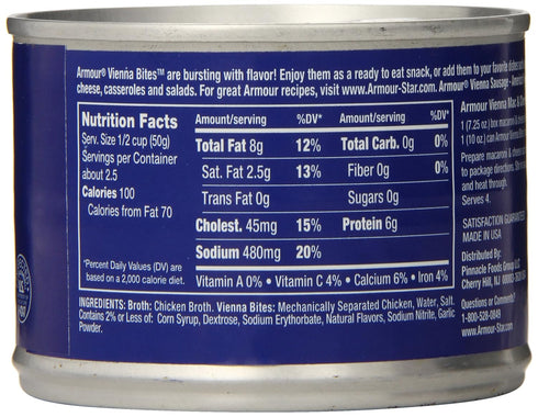 Armour 10 OZ (Pack 12) Star Chicken Vienna Sausage Bites, Canned Sausage