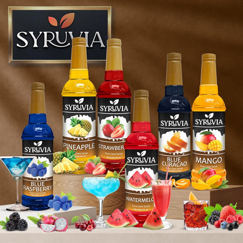 Summer Pack 25.4 oz Summer (6-Pack) Syruvia Fruit Syrup Variety Strawberry, Blackberry, Raspberry, Cherry, Mango