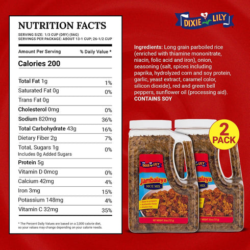 26oz, 2 Pack Dixie Lily Jambalaya Rice Mix - Long Grain Parboiled Rice with Bell Peppers, Onion & Spices, Enriched