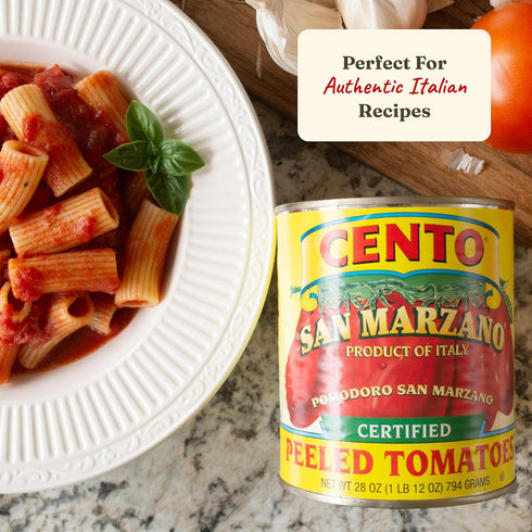 28 Oz, Cento Certified San Marzano Whole Peeled Tomatoes, Canned Plum Tomatoes in Thick Puree with Basil, Grown
