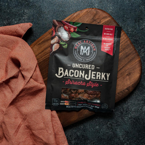 3oz (85g) Meat Artisan Sriracha Style Uncured Bacon Jerky - Gluten Free No MSG and No Nitrates - Gourmet Meat Snacks