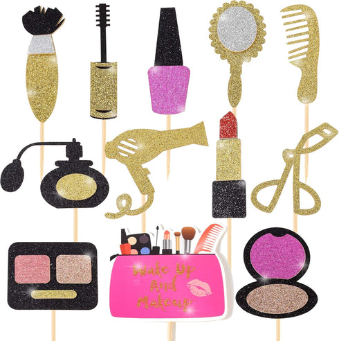 Spa Makeup Cupcake Toppers Decoration Supplies, 24Pcs Gold Glitter for Bridal Shower, Bachelorette, and 18th Birthday