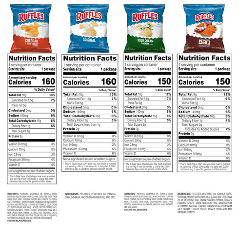 4 Pack, 1 oz (Pack 21) Ruffles Potato Chips, Flavor Variety Bags