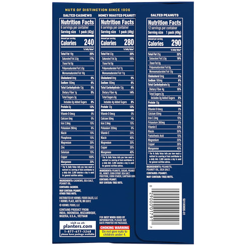 Pack, Packed (36 Count) PLANTERS Variety Salted Cashews, Salted Peanuts & Honey Roasted Peanuts, On-the-Go Nut Snacks