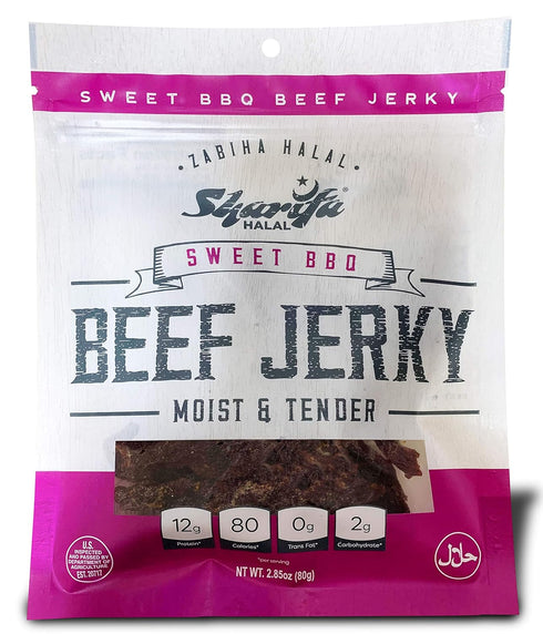 SHARIFA HALAL (1) 2.85 oz. 100 12g 80 0g 2g Beef Jerky, Sweet BBQ, Bag Great Everyday Halal Jerky Beef Meat Snack, %