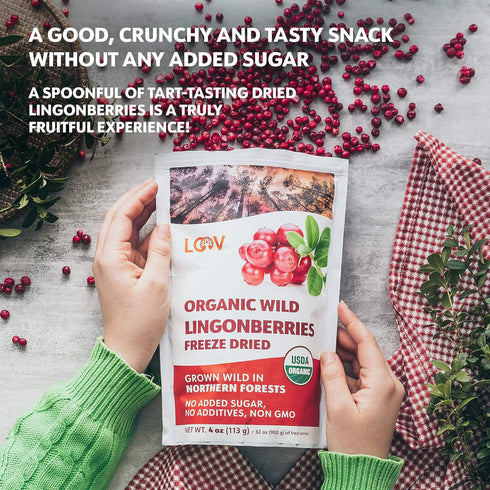 100% 4oz (34 Organic Whole Lingonberries Freeze-Dried Wild Nordic Superberry, Traditional ScandinavianSwedish Food