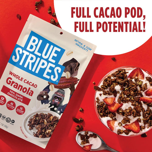 70% 5g 7 oz Blue Stripes Whole Cacao Granola - Gluten Free Dark Chocolate Granola for Cereal, Oatmeal, Yogurt, Protein