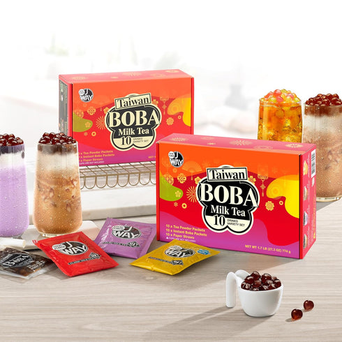 10 J WAY Instant Boba Bubble Pearl Variety Milk Tea Fruity Tea Kit with Authentic Brown Sugar Caramel Fruity Tapioca