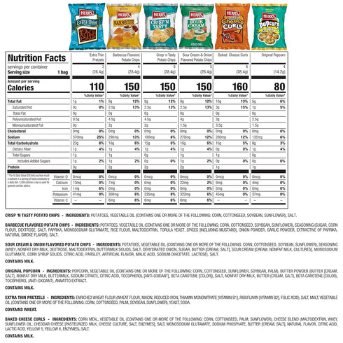 Pack, 26oz (28 Herrs Snacks Variety Potato Chips, Pretzels, Popcorn, Cheese Curls, Box Bags)