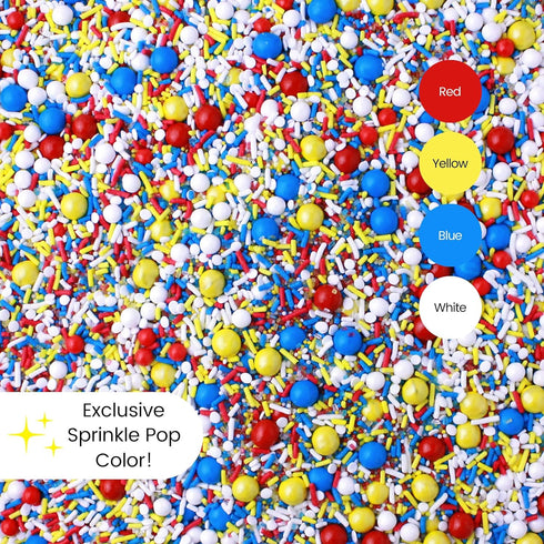 Sprinkle Pop Crash! Boom! Pow! Sprinkle Mix, Red Yellow Blue White Sprinkles for Superhero Themed Birthday