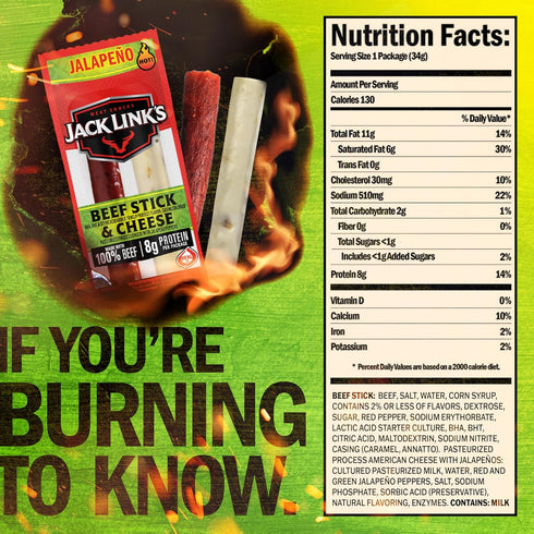 Pack,Made 100% Cheese,8g 1.2 Ounce,16 Count (Pack 2) Jack Link's Jalapeno Beef & Cheese Combo,Spicy Snack with Beef
