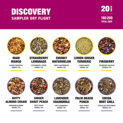 Set, 200 Pack 20 Tiesta Tea - Discovery Sampler Dry Flight Loose Leaf, High to No Caffeine, Hot & Iced Up to Cups, Tea