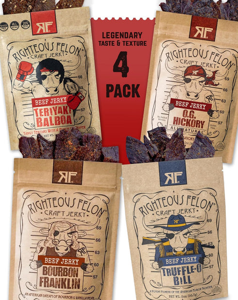 Righteous Felon Beef Jerky - All-Natural Locally Sourced & Dried Low-Sugar Healthy Snacks (Sampler Pack)
