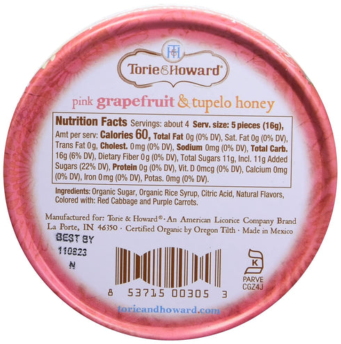 Torie and Howard Organic Hard Candy Tin, 2 Ounce, Pink Grapefruit and Tupelo Honey Flavor