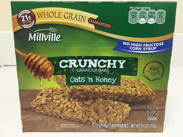 MILLVILLE Oats and Honey Granola Bars Crunchy - Pack of Two 24 Count