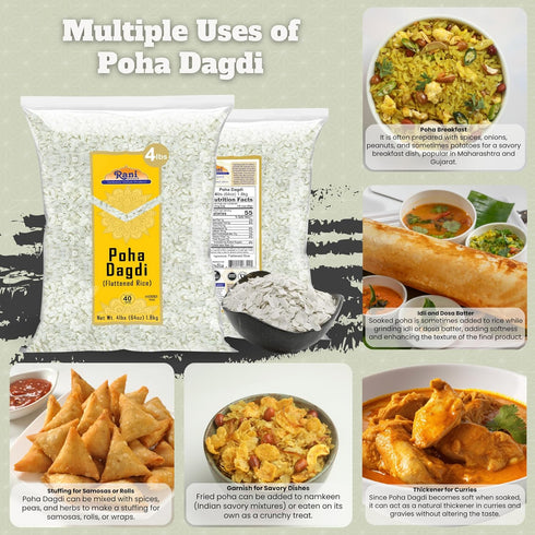 64oz (4lbs) 1.81kg Rani Poha (Powa) Extra Thick Dagadi-Cut (Flattened Rice) Bulk~ All Natural, Salt-Free | Vegan |