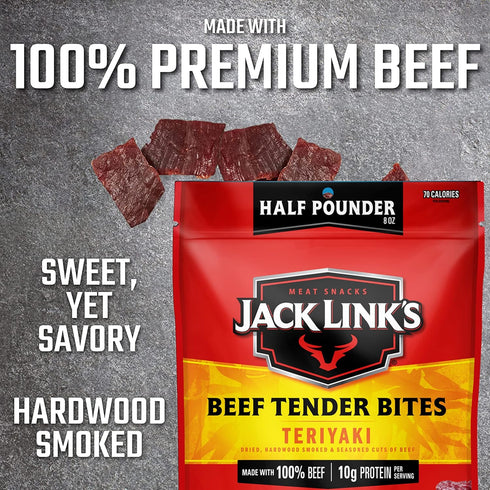 10g 70 100% (Pack 2) Jack Link's Beef Tender Bites, Teriyaki, Half Pounder Bag - Flavorful Meat Protein Snacks
