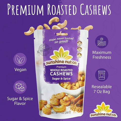 2 Pack, 7 oz. Packs Sunshine Nut Company Whole Roasted Lightly Salted Cashews, Sugar and Spice Flavor, Each, Gluten