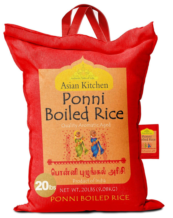 Asian Kitchen Ponni Boiled Rice 20-Pound Bag, 20lbs (9.08kg) Short Grain Par