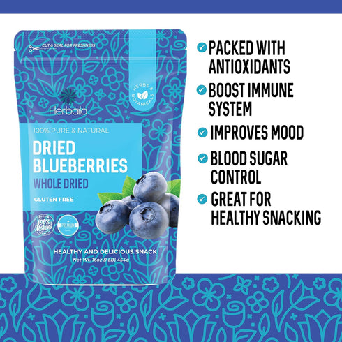 1 16 oz. Herbaila Whole Dried Blueberries, No Sugar Added, Bulk, Dehydrated, Dried Unsweetened Blueberries, All