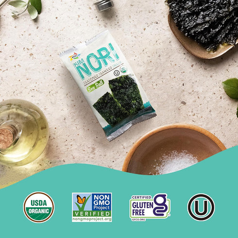 KIMNORI Seasoned Seaweed Snacks Sheets – Organic Sea Salt Flavor, 12 Packs, 4g 0.14 Ounce, Roasted Crispy Laver